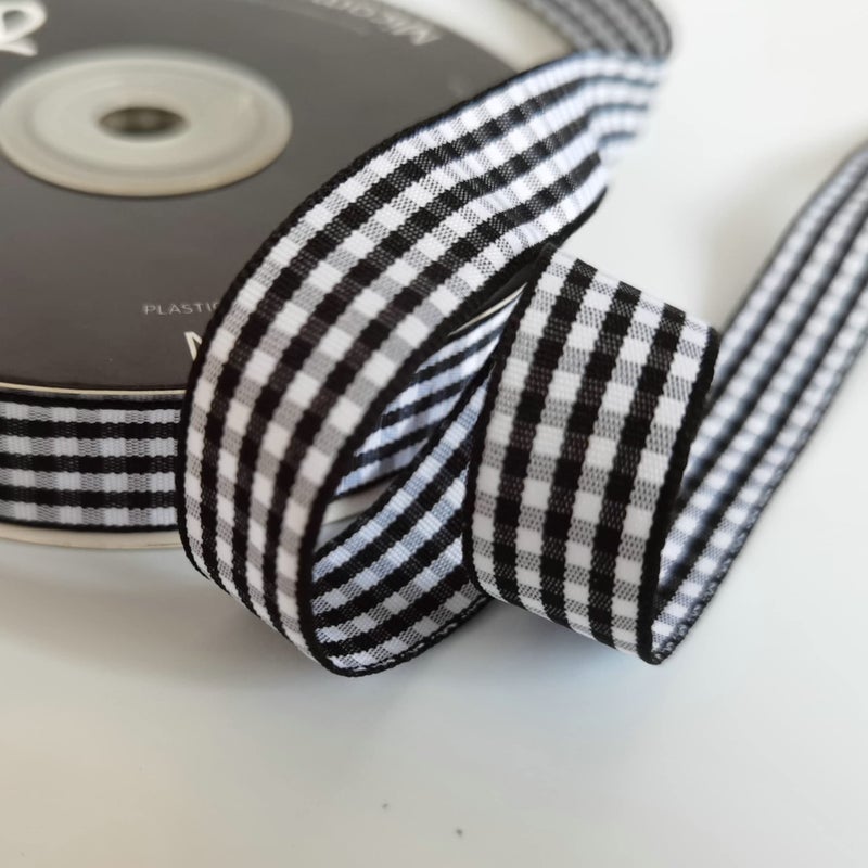 Micomon Black and White Wovon Edge Gingham Ribbon 25 Yard Each Roll 100% Polyester (5/8", Black) - Image 5
